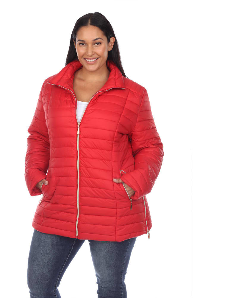 Front of a model wearing a size 1X Puffer Coat in Red by White Mark. | dia_product_style_image_id:247096